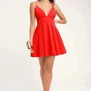 Lulus Red V-Neck Spaghetti Strap Skater Dress | Fit & Flare Party Dress L
